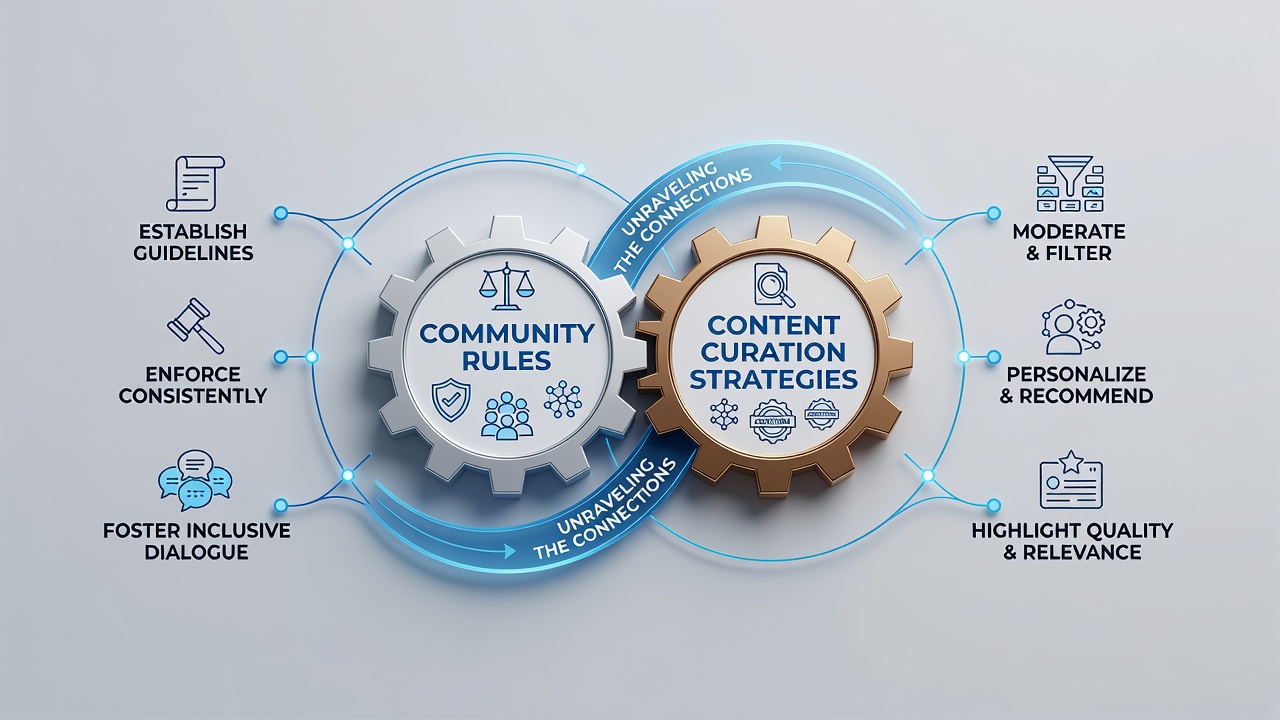 Illustration of curation workflows connecting rule enforcement with content selection across community platforms